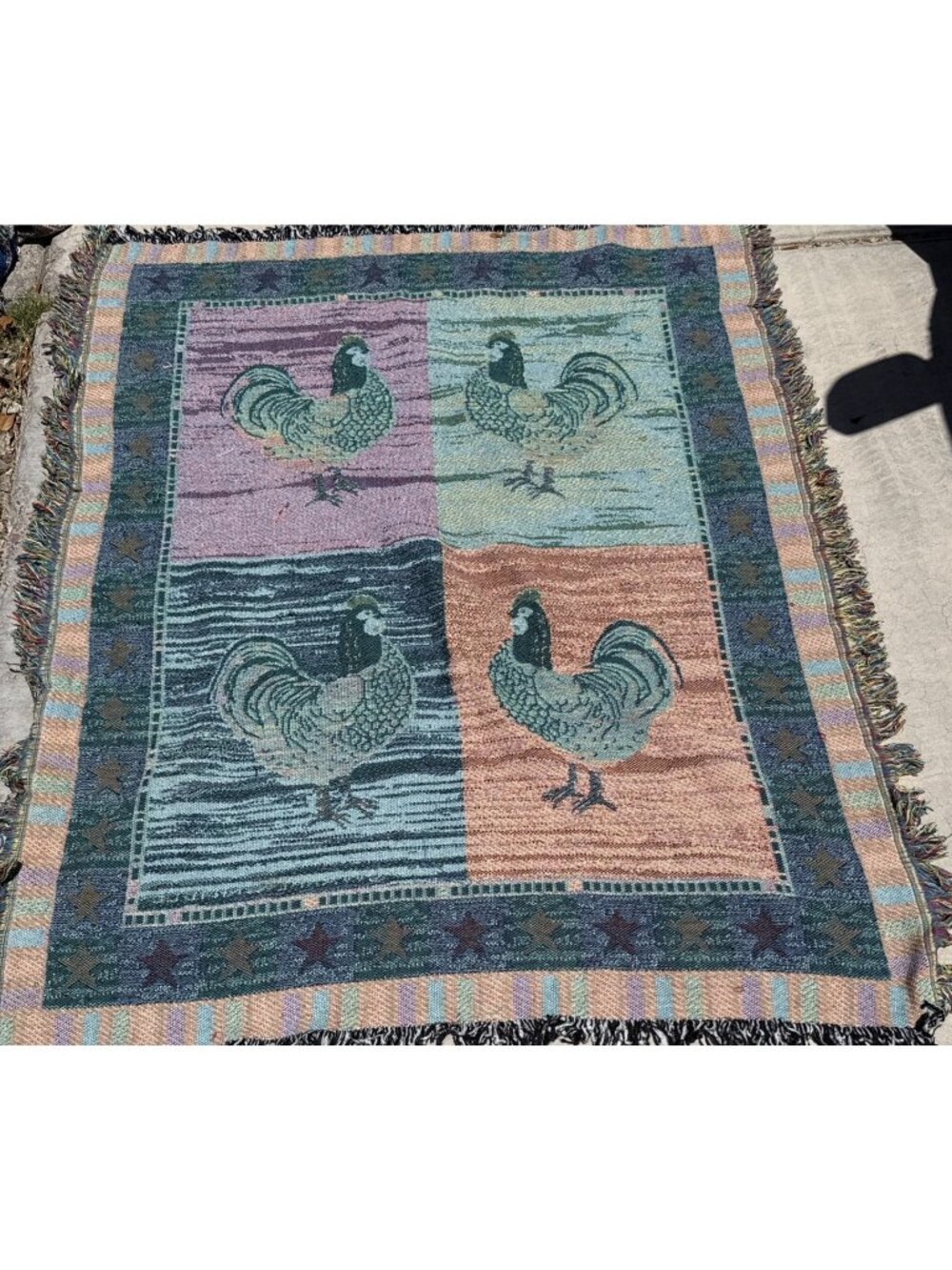 Vintage Warren Kimble Rooster Chicken Block Tapestry Throw Blanket Fringe 50x60" - Picture 6 of 8